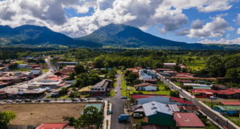 Beautiful aerial view of San Carlos La Fortuna Town - Arenal Volcano la Fortuna Church in Costa Rica