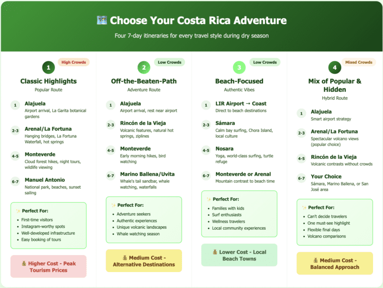 Infographic comparing four 7-day Costa Rica dry season itinerary options. Option 1: Classic Highlights (high crowds, higher cost) includes Alajuela, Arenal/La Fortuna, Monteverde, and Manuel Antonio - perfect for first-time visitors. Option 2: Off-the-Beaten-Path (low crowds, medium cost) features Alajuela, Rincón de la Vieja, Monteverde, and Marino Ballena/Uvita - ideal for adventure seekers. Option 3: Beach-Focused (low crowds, lower cost) covers LIR Airport to coast, Sámara, Nosara, and choice of Monteverde or Arenal - suited for families and surf enthusiasts. Option 4: Mix of Popular & Hidden (mixed crowds, medium cost) combines Alajuela, Arenal, Rincón de la Vieja, with flexible final destination - perfect for undecided travelers.