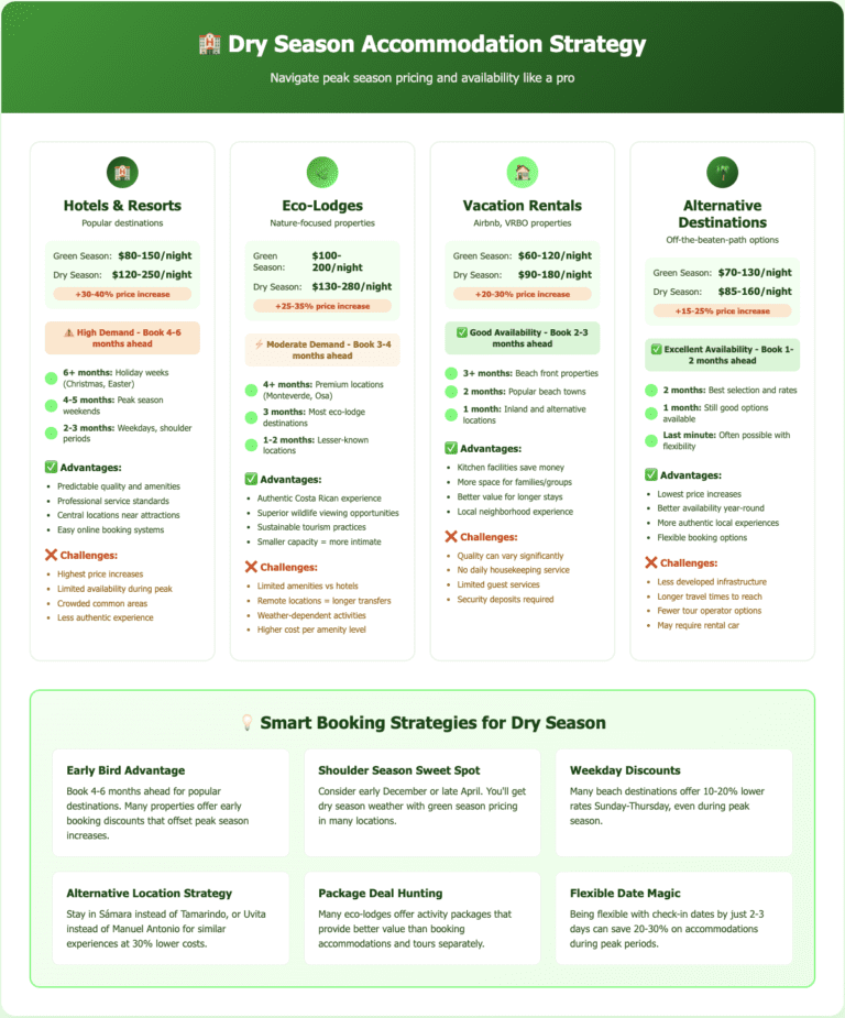 Infographic displaying dry season accommodation pricing and booking strategies for Costa Rica. Compares four accommodation types with green season vs dry season pricing: Hotels & Resorts ($80-150 vs $120-250/night, 30-40% increase), Eco-Lodges ($100-200 vs $130-280/night, 25-35% increase), Vacation Rentals ($60-120 vs $90-180/night, 20-30% increase), and Alternative Destinations ($70-130 vs $85-160/night, 15-25% increase). Shows booking timelines from 6+ months for holiday weeks down to 1 month for alternative locations. Bottom section provides six smart booking strategies including early bird advantage, shoulder season sweet spots, weekday discounts, alternative location strategy, package deal hunting, and flexible date benefits.