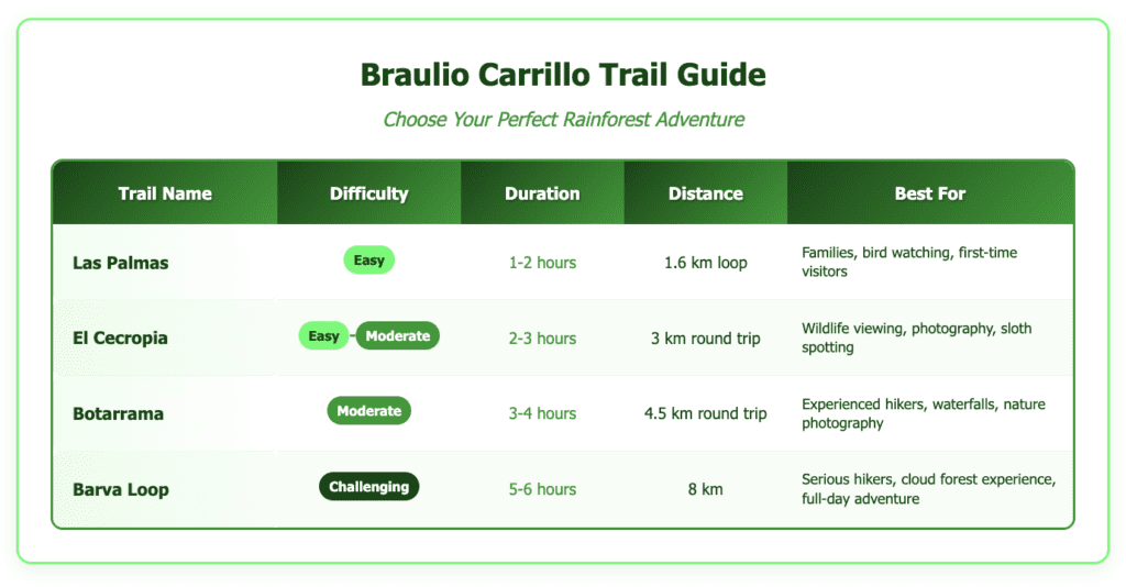 Comprehensive trail guide for Braulio Carrillo National Park showing four hiking options: Las Palmas (Easy, 1-2 hours, 1.6km loop) best for families and bird watching; El Cecropia (Easy-Moderate, 2-3 hours, 3km round trip) ideal for wildlife viewing and photography; Botarrama (Moderate, 3-4 hours, 4.5km round trip) suited for experienced hikers seeking waterfalls; and Barva Loop (Challenging, 5-6 hours, 8km) designed for serious hikers wanting full-day cloud forest adventure. Table includes difficulty badges color-coded from easy green to challenging dark green.