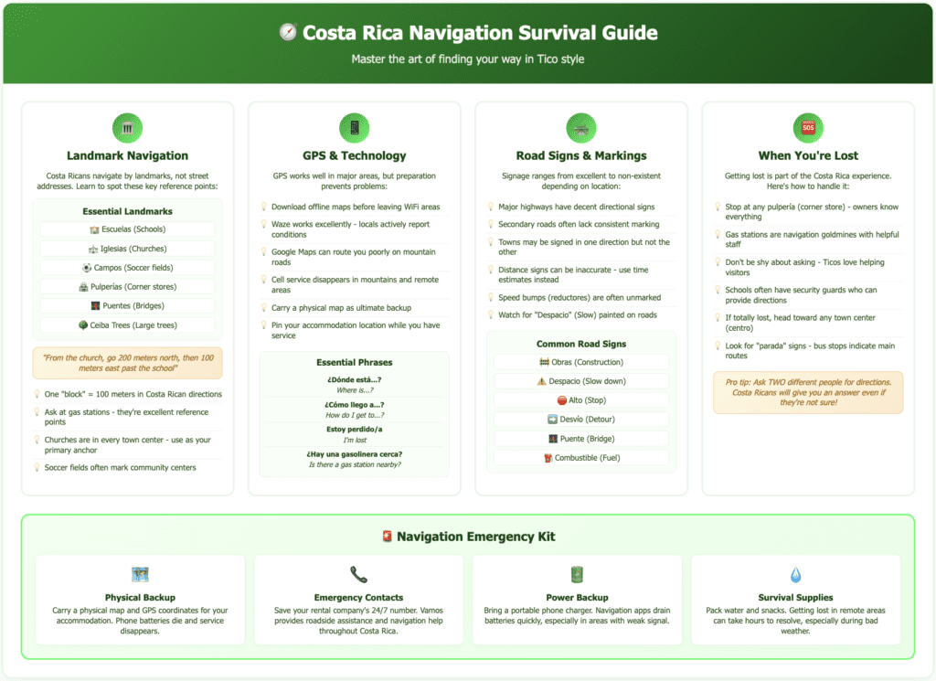 Costa Rica Navigation Survival Guide infographic showing four key navigation methods: landmark navigation using local reference points like churches and soccer fields, GPS technology tips for mountain areas, road sign translations, and what to do when lost. Bottom section features emergency kit essentials including physical maps, emergency contacts, power backup, and survival supplies.
