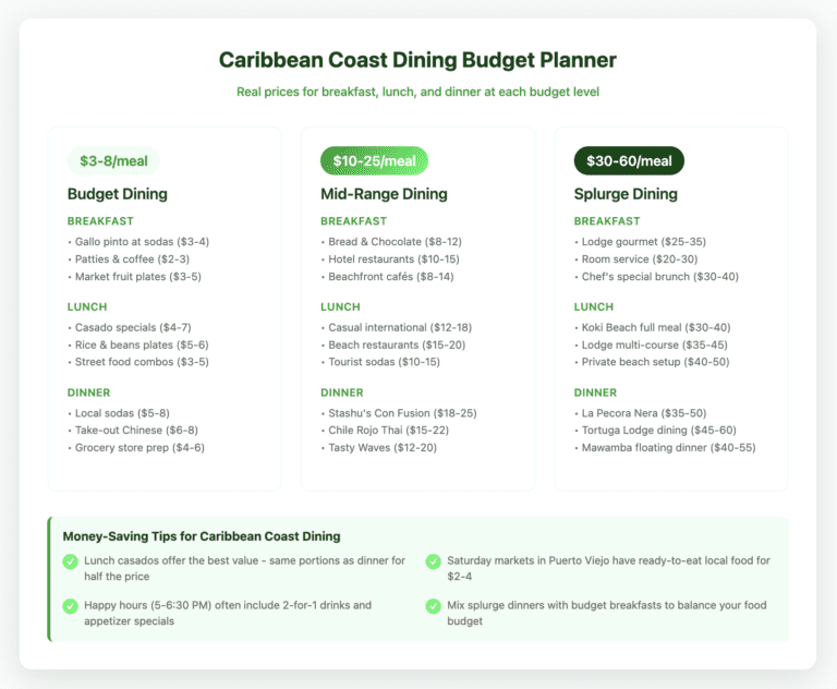 Budget planning guide showing three dining tiers on Costa Rica's Caribbean Coast: Budget ($3-8 per meal), Mid-Range ($10-25 per meal), and Splurge ($30-60 per meal). Each tier lists specific restaurant examples and typical prices for breakfast, lunch, and dinner. Bottom section includes four money-saving tips such as choosing lunch casados for best value and taking advantage of happy hour specials.
