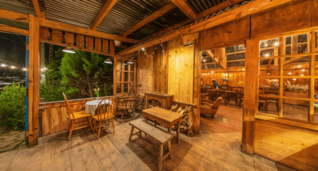Cozy Rustic Wooden Lodge Interior at Night
