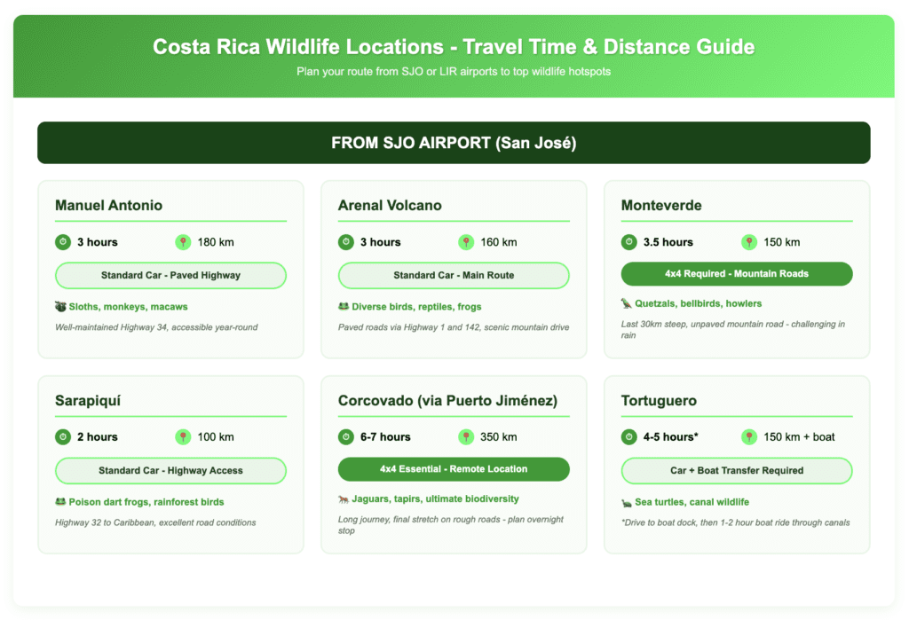 Travel guide from SJO Airport to Costa Rica wildlife hotspots showing driving times, distances, and vehicle requirements. Manuel Antonio and Arenal take 3 hours with standard cars, while Monteverde requires 3.5 hours and a 4x4. Sarapiquí is closest at 2 hours with standard car access, while Corcovado and Tortuguero are the most remote at 6-7 hours and 4-5 hours respectively. Each destination shows specific wildlife highlights like sloths at Manuel Antonio and quetzals at Monteverde.