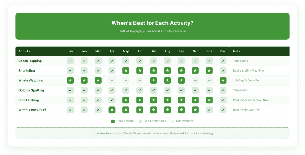 Seasonal activity calendar showing best months for beach hopping, snorkeling, whale watching, dolphin spotting, sport fishing, and surfing Witch's Rock from Playas del Coco boat tours.
