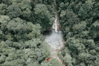 Similar to an aerial view of a rainforest waterfall cascading into a rocky pool surrounded by dense tropical forest in Costa Rica's northern lowlands