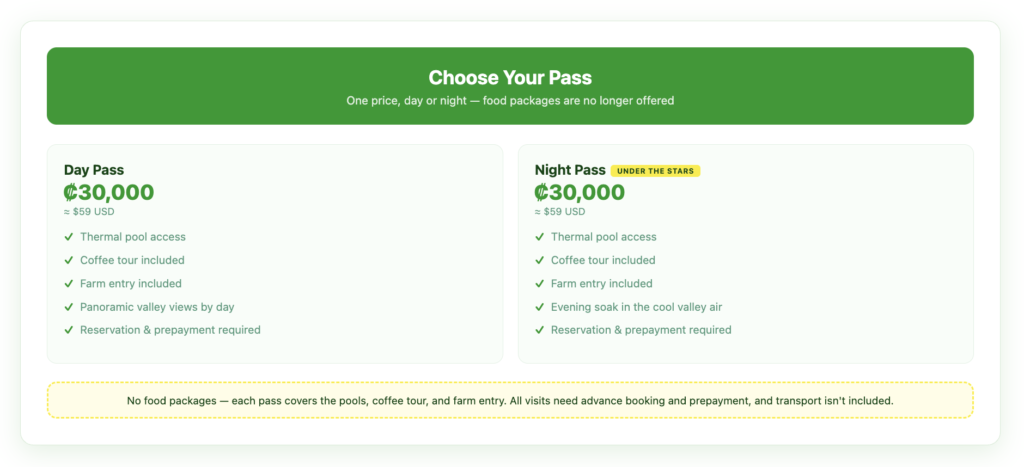 Hacienda Orosi pass options — a day pass and a night pass, each ₡30,000 (about $59), covering thermal pool access, the coffee tour, and farm entry, with no food packages and advance booking required