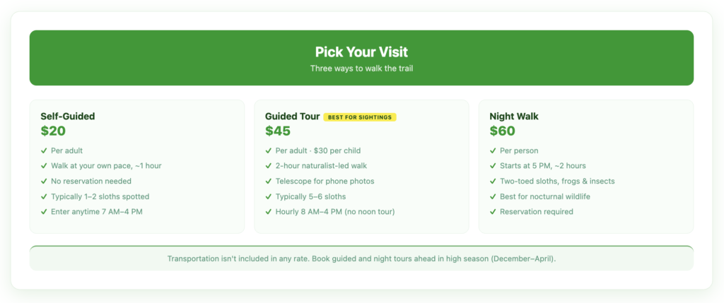 Bogarin Trail ticket options — self-guided $20, guided $45 adult/$30 child, and a $60 night walk, with what each includes