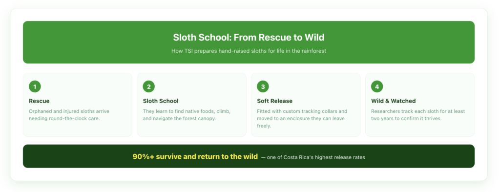 The Sloth School rehabilitation journey at The Sloth Institute in four stages — rescue, learning survival skills, soft release with tracking collars, and at least two years of wild monitoring — leading to a 90%-plus release success rate