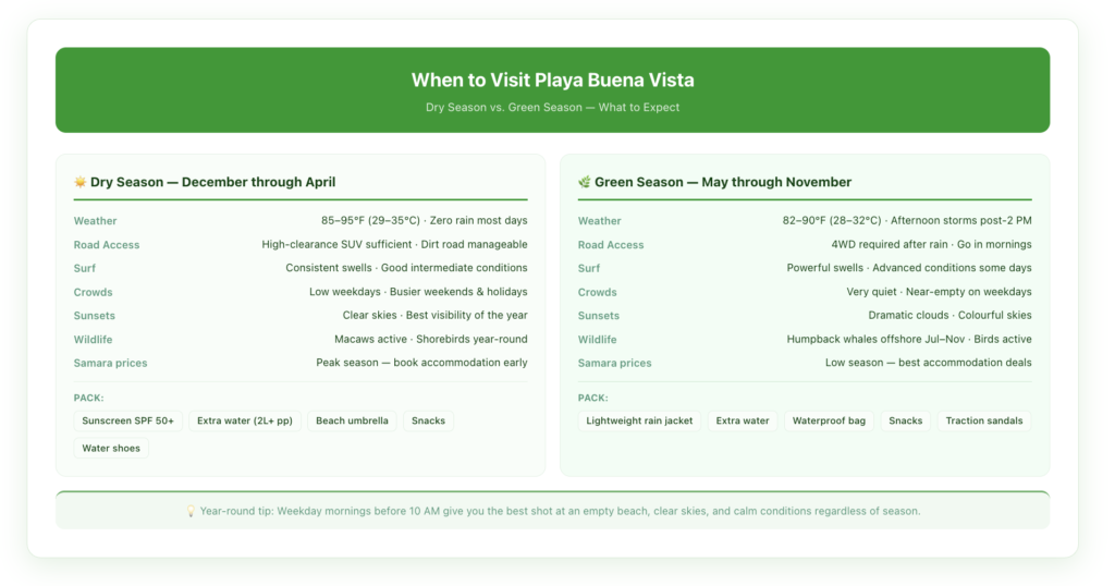 Seasonal visitor guide showing dry season vs. green season conditions at Playa Buena Vista, covering road access, surf, crowd levels, temperature, and what to bring each season
