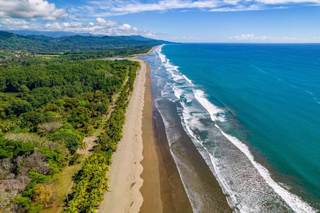 Aerial view of a long dark-sand beach with palm groves and forested mountains, similar to Dominical Beach, Costa Rica