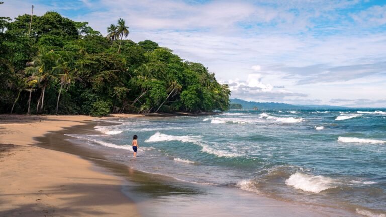Child wading in shallow surf along a quiet, palm-fringed beach below a jungle headland, similar to Costa Rica's Pacific coast